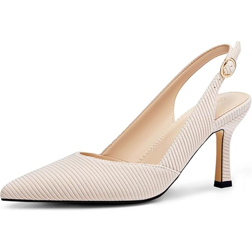 Women's Beige Closed Toe Faux Leather Slingback Kitten Heel Wedding Pumps Shoes